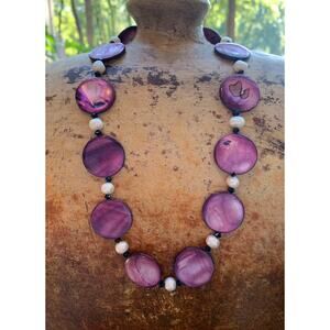 Violet Mother of Pearl, White Freshwater Pearl and Black Crystal Necklace